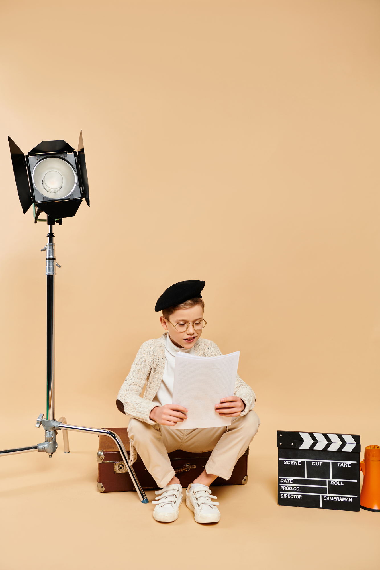 A boy sitting in front of a camera.