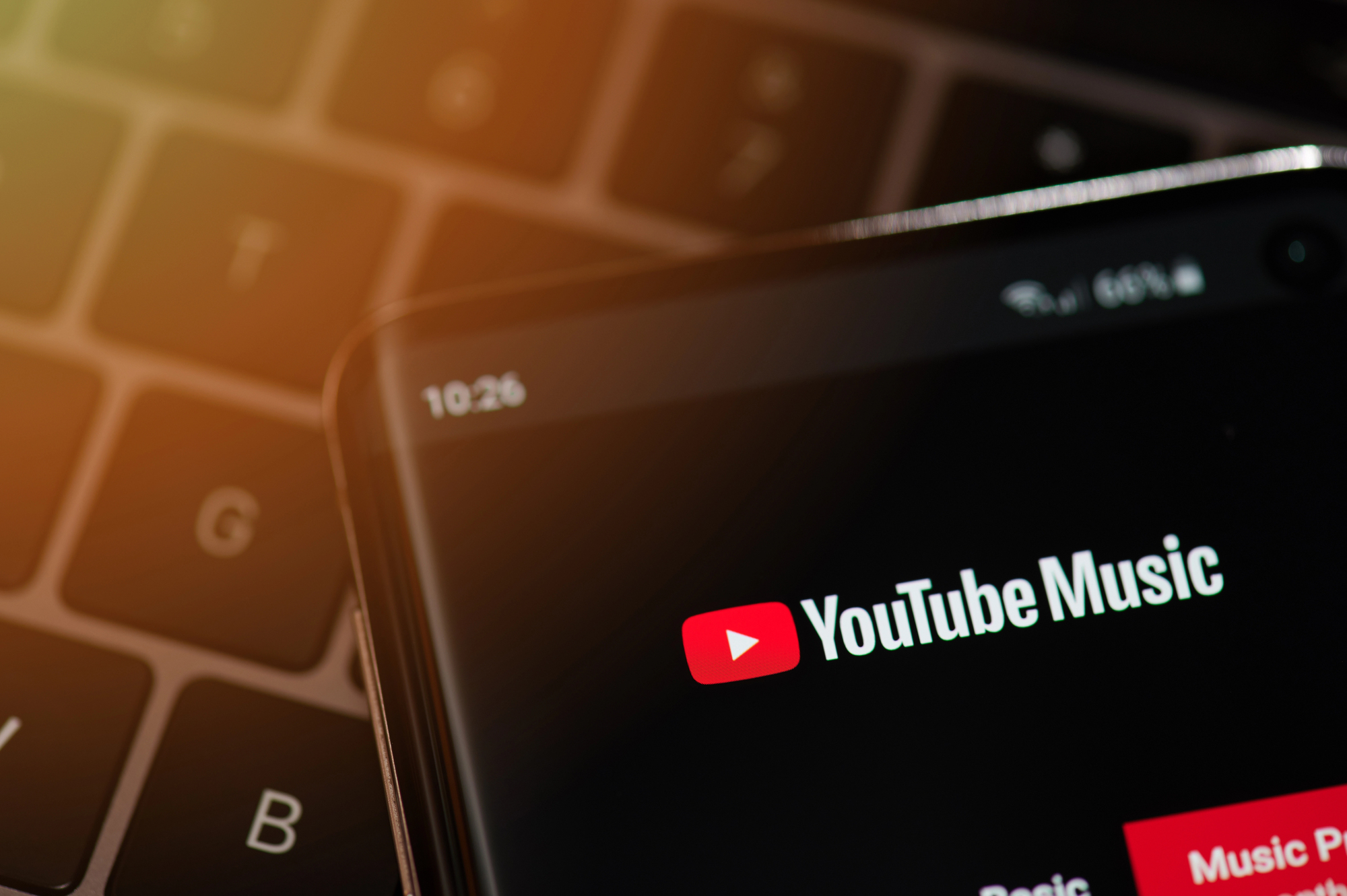 Up close view of the YouTube Music app logo on a smartphone screen.