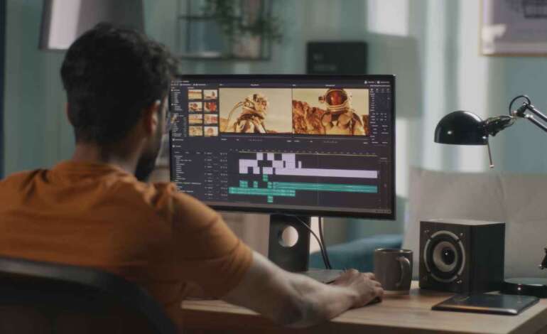 Professional video editor reviewing footage for Orlando brand video