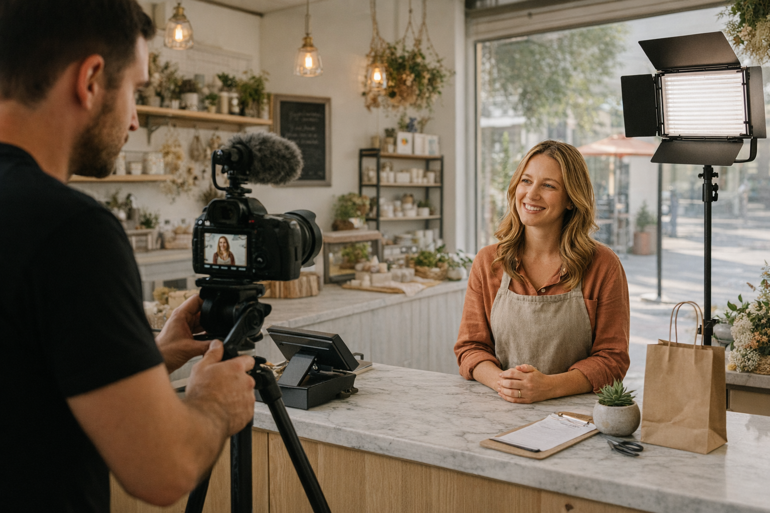 Professional video production filming a small business owner in Orlando