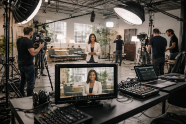 Professional video production crew preparing equipment for Orlando business shoot