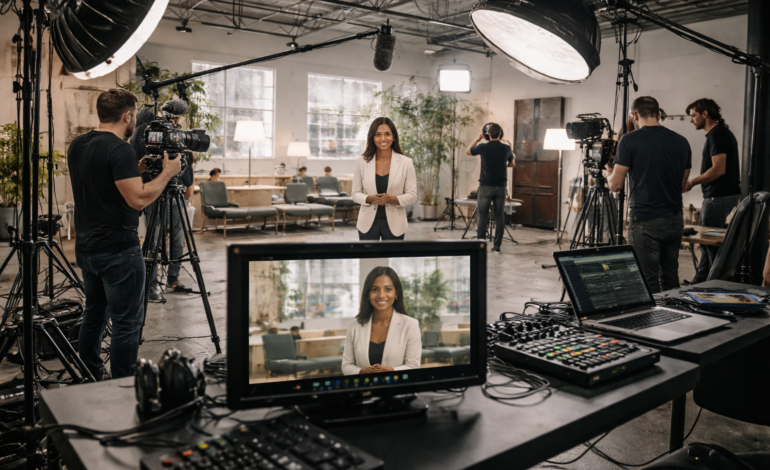 Professional video production crew preparing equipment for Orlando business shoot