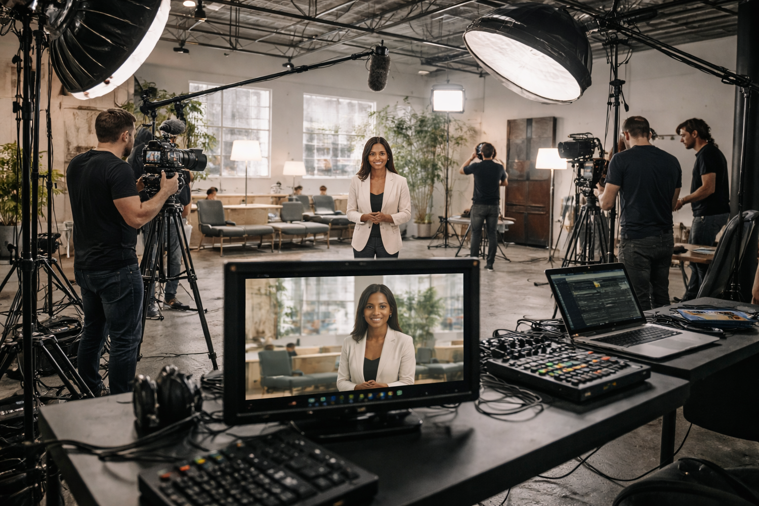 Professional video production crew preparing equipment for Orlando business shoot