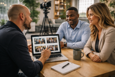 Video production consultant meeting with business owners to discuss project investment