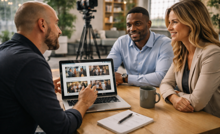 Video production consultant meeting with business owners to discuss project investment