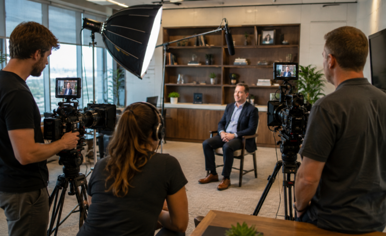 Professional video production crew filming a customer testimonial interview in a corporate office environment