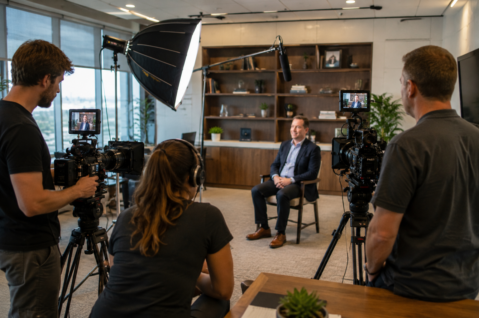 Professional video production crew filming a customer testimonial interview in a corporate office environment