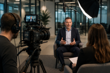 Corporate video production interview setup with professional lighting and cameras