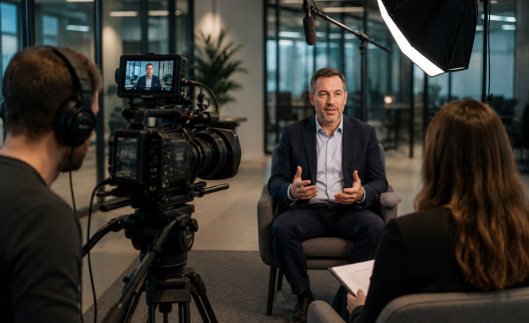 Corporate video production interview setup with professional lighting and cameras