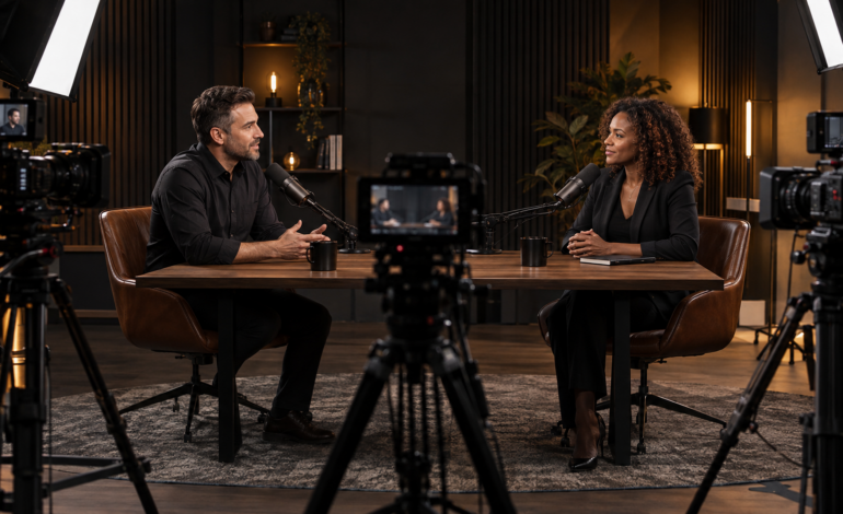 Professional multicamera podcast recording setup with cameras, lighting, and microphones