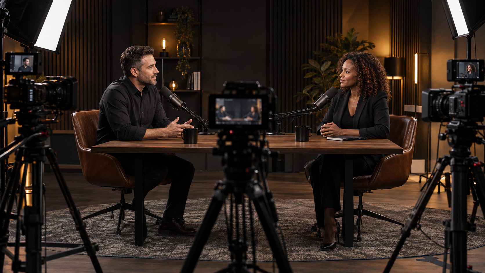 Professional multicamera podcast recording setup with cameras, lighting, and microphones